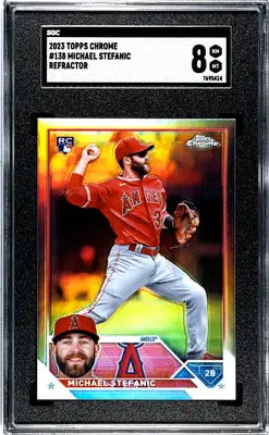 Graded 2023 Topps Chrome Michael Stefanic #138 Refractor baseball card in SGC 8