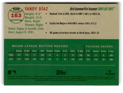 Baseball card for Yandy Díaz with batting and fielding records from Topps Chrome Platinum Anniversary