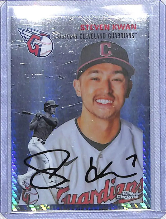 Signed Steven Kwan baseball card from 2023 Topps Chrome Platinum Anniversary series