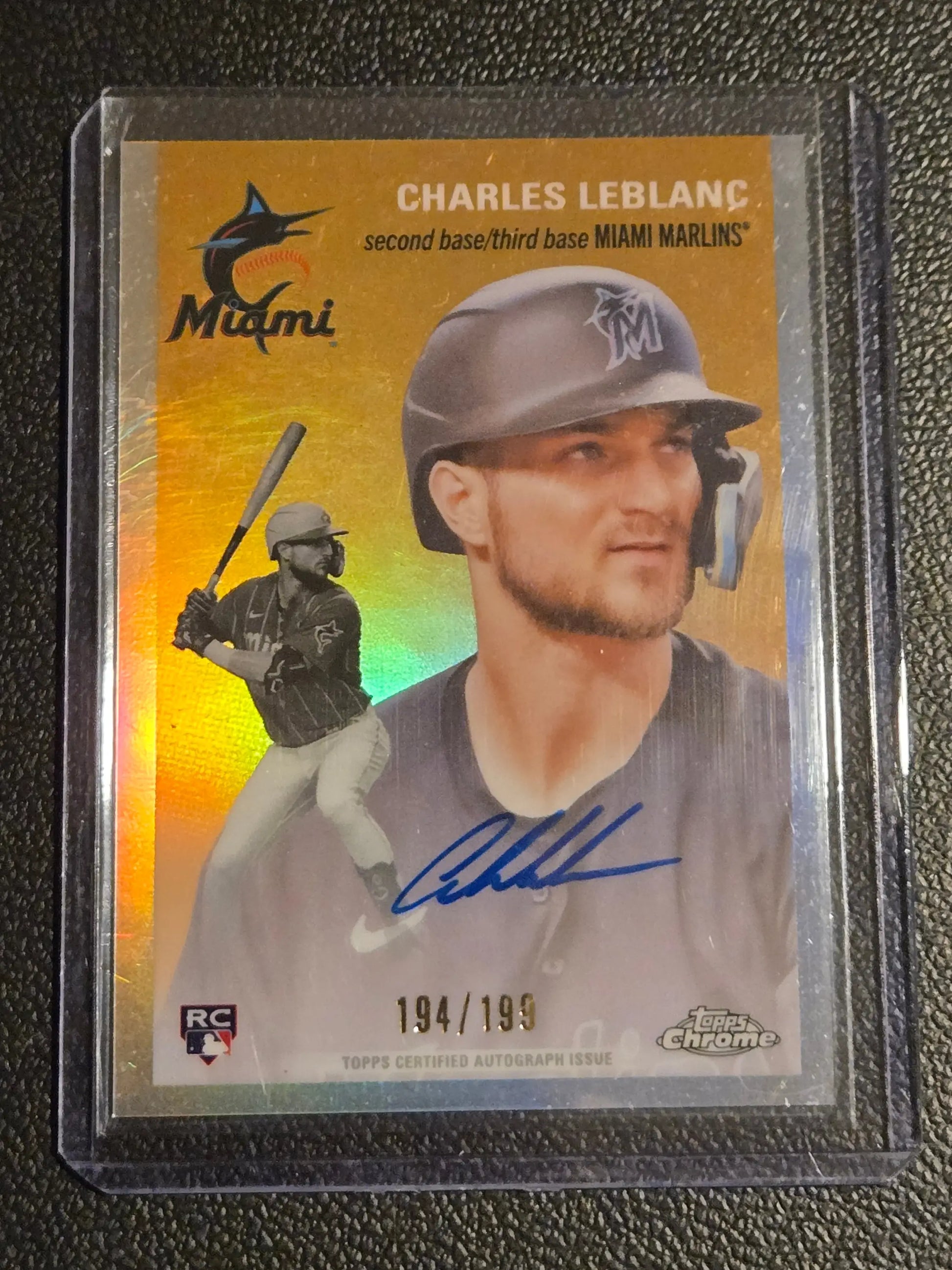 Charles Leblanc autographed Miami Marlins rookie card from Topps Chrome Platinum Anniversary