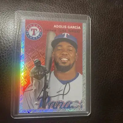 Adolis Garcia baseball card from 2023 Topps Chrome Platinum Anniversary with platinum anniversary logo