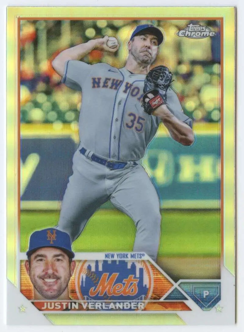 Baseball card of Justin Verlander mid-throw in New York Mets jersey #35 Topps Chrome Refractor