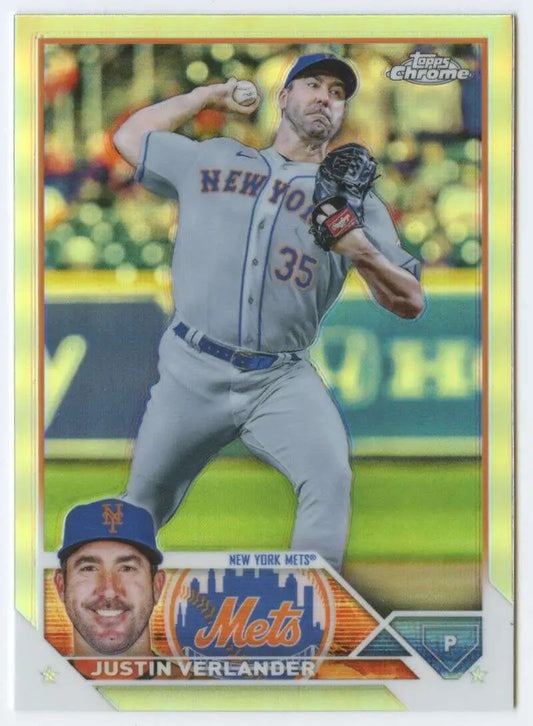 Baseball card of Justin Verlander mid-throw in New York Mets jersey #35 Topps Chrome Refractor