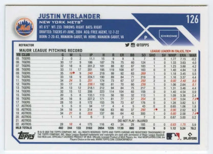 Justin Verlander pitching statistics on 2023 Topps Chrome Refractor New York Mets card