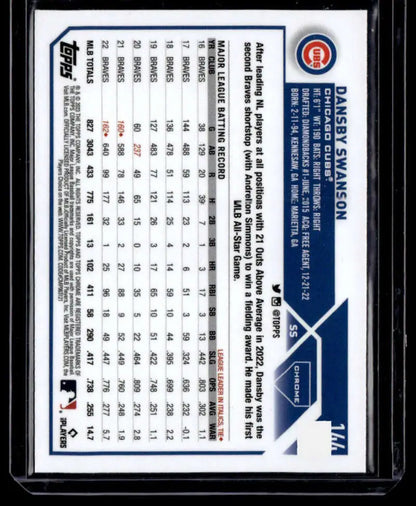 Baseball trading card featuring Dansby Swanson statistics and Chicago Cubs design elements