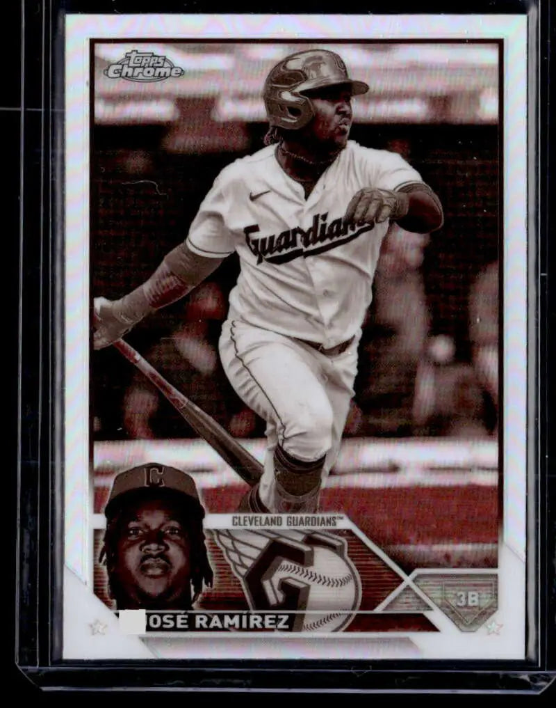 Black and white Topps Chrome Refractor card of Jose Ramirez for Cleveland Guardians