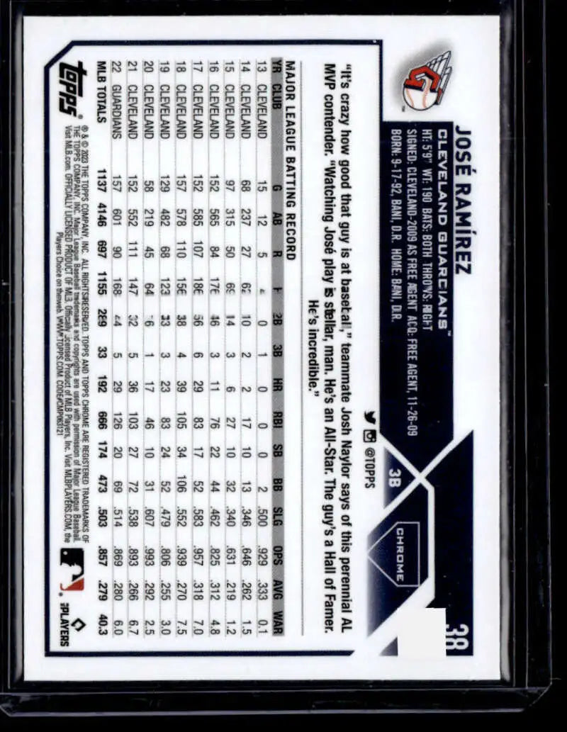 Baseball trading card featuring Jose Ramirez from Topps Chrome Refractor for Cleveland Guardians