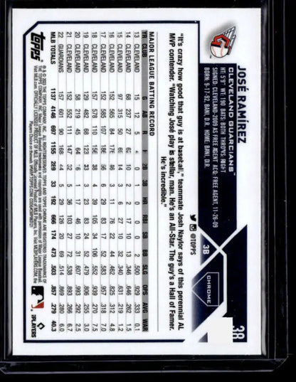 Baseball trading card featuring Jose Ramirez from Topps Chrome Refractor for Cleveland Guardians