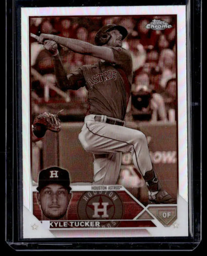 Baseball card of Kyle Tucker in batting stance, Topps Chrome Refractor for Houston Astros