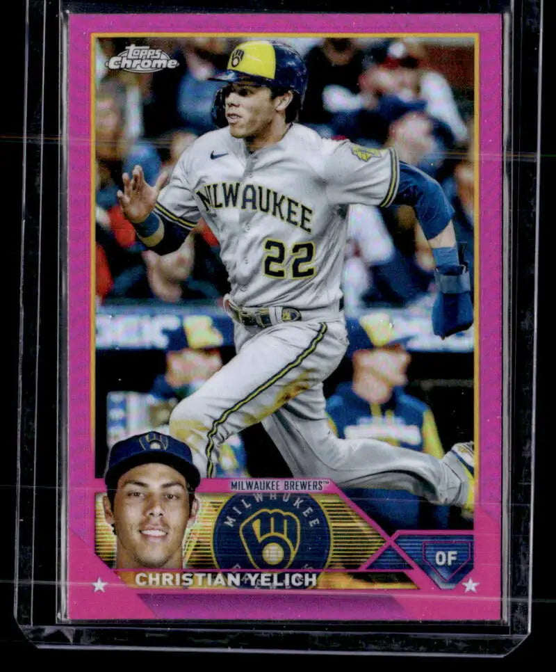 Pink-bordered Milwaukee Brewers baseball card of Christian Yelich in gray uniform