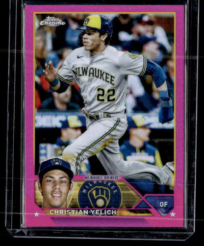 Pink-bordered Milwaukee Brewers baseball card of Christian Yelich in gray uniform