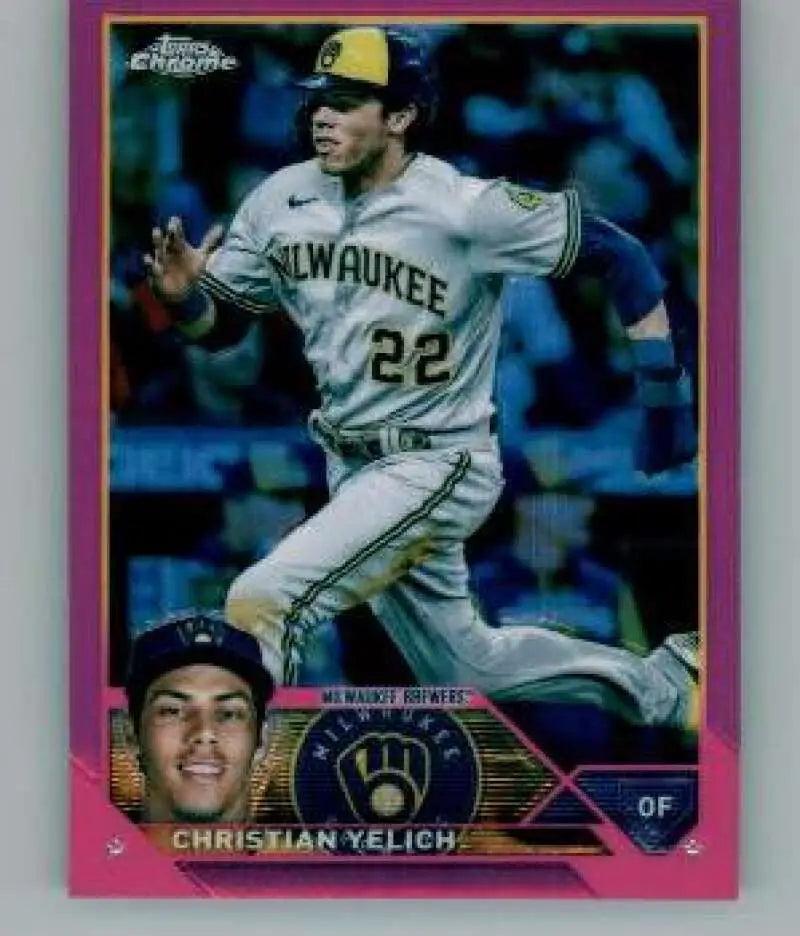 Pink-bordered baseball card of Christian Yelich running for Milwaukee Brewers #22