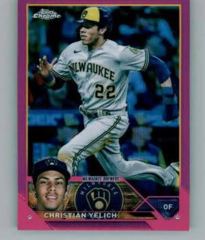 Pink-bordered baseball card of Christian Yelich running for Milwaukee Brewers #22