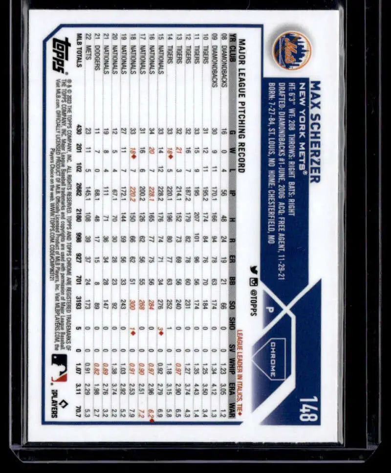 Baseball card featuring Max Scherzer’s stats and New York Mets logo in Topps Chrome Refractor Pink