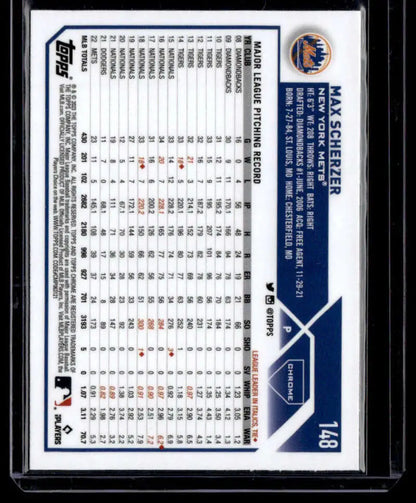 Baseball card featuring Max Scherzer’s stats and New York Mets logo in Topps Chrome Refractor Pink