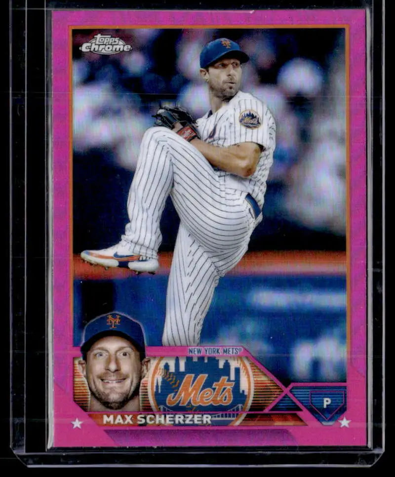 Pink-bordered Topps Chrome Refractor baseball card of Max Scherzer, New York Mets pitcher
