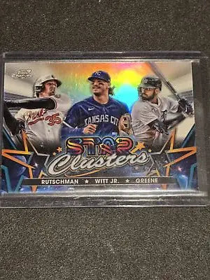2023 Topps Chrome SC-6 Star Clusters trading card featuring Riley Greene Bobby Witt Jr Adley Rutschman