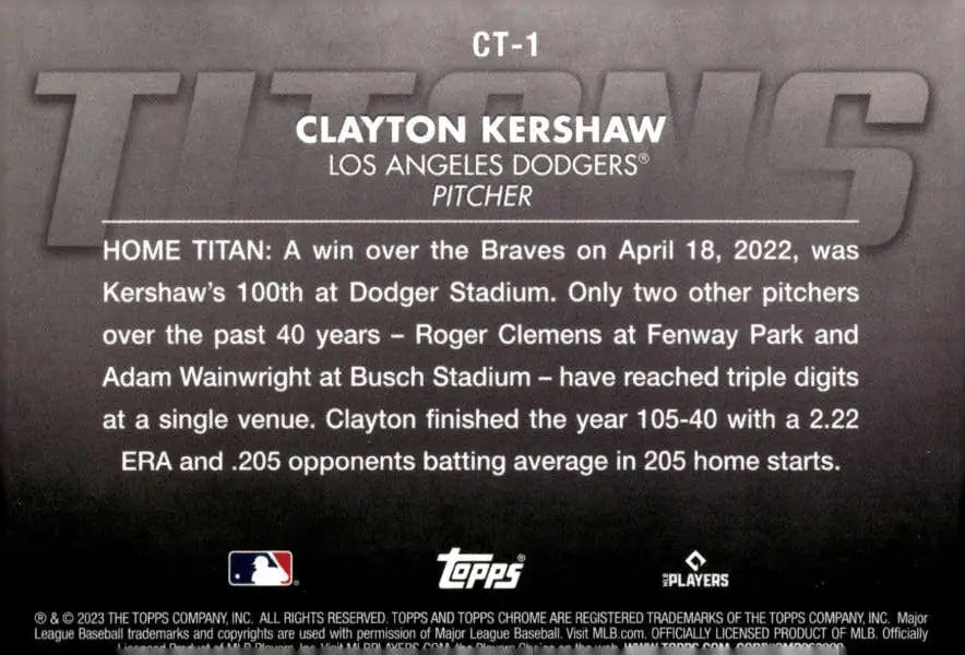 Baseball card showcasing Clayton Kershaw’s achievement in Topps Chrome Titans Refractor