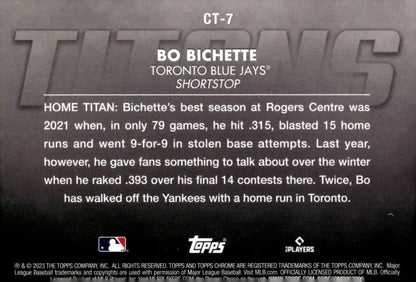 Bo Bichette Toronto Blue Jays baseball card with statistics and biographical info