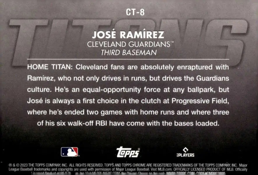 Jose Ramirez Cleveland Guardians baseball card highlighting his achievements and stats