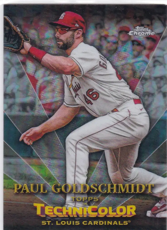 Baseball trading card of Paul Goldschmidt mid-swing from the Technicolor insert series