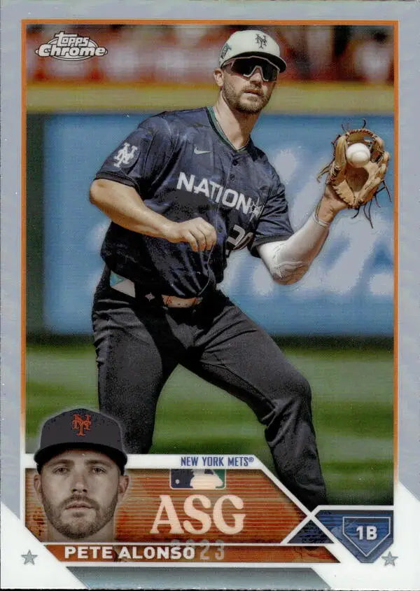 Baseball card of Pete Alonso in black All-Star Game uniform fielding ball