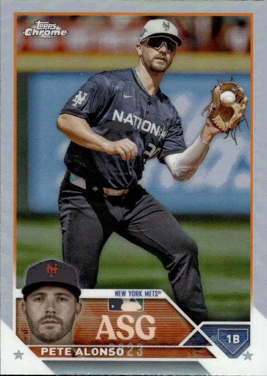 Baseball card of Pete Alonso in black All-Star Game uniform fielding ball