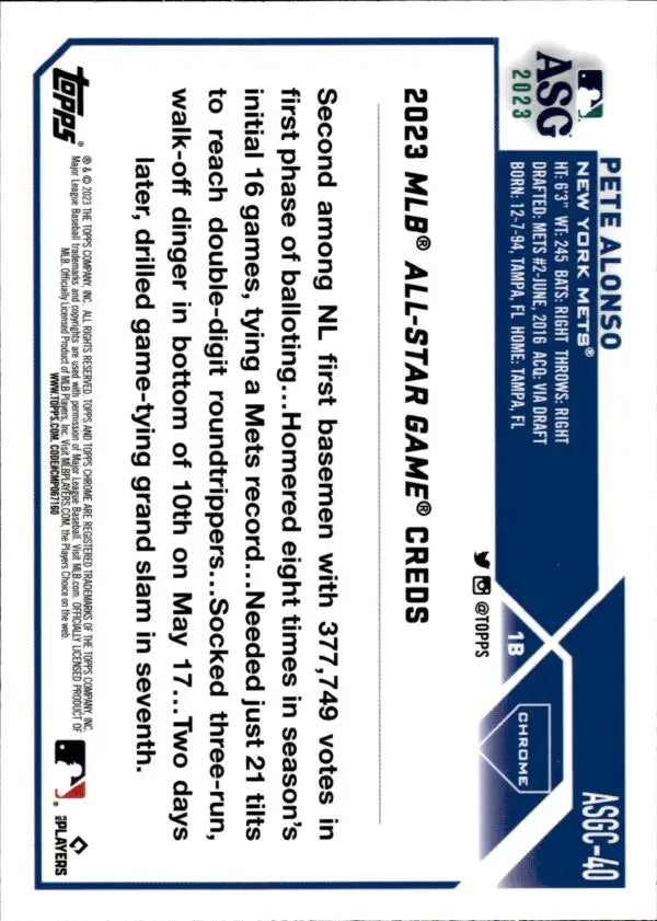 Back of 2023 Topps Chrome Update All-Star Game Refractor Pete Alonso baseball card