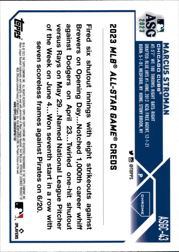 Baseball trading card featuring Marcus Stroman Chicago Cubs Game Refractor design