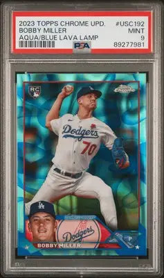 Aqua blue Lava Lamp baseball card from 2023 Topps Chrome Update Bobby Miller PSA 9