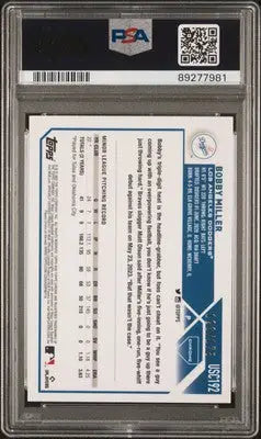 Aqua blue chrome update Bobby Miller baseball card with pitching record and PSA 9 grading
