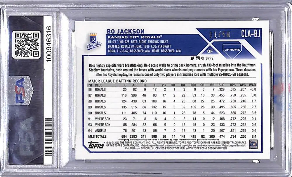 A graded Bo Jackson baseball card from 2023 Topps Chrome Update Legends series