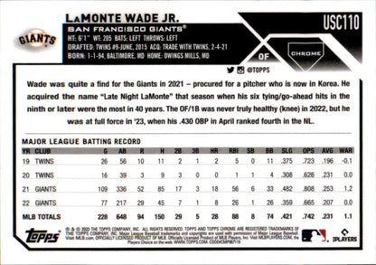 2023 Topps Chrome Update LaMonte Wade Jr. baseball card showcasing San Francisco Giants stats