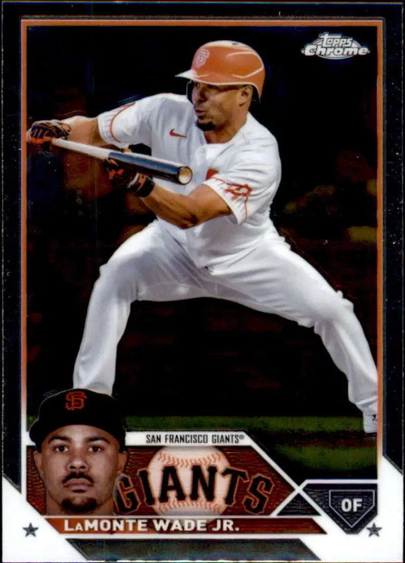 Baseball card of LaMonte Wade Jr. in bunting stance for Topps Chrome Update San Francisco Giants
