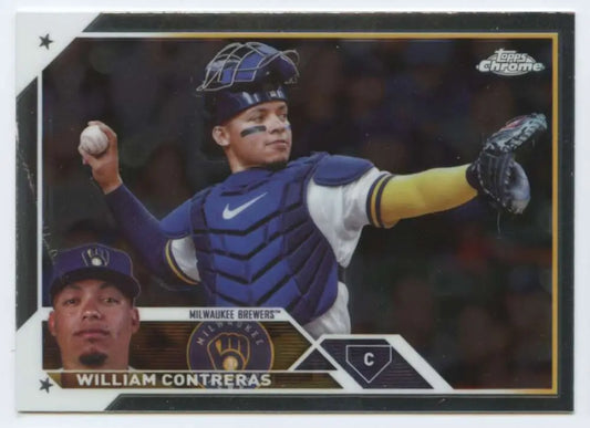William Contreras in action on a 2023 Topps Chrome Update Milwaukee Brewers card