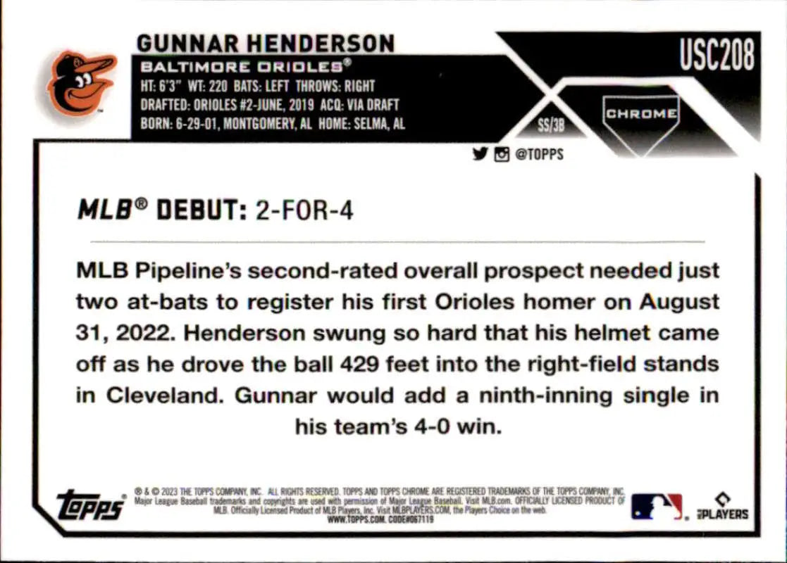 Gunnar Henderson Baltimore Orioles player card from Topps Chrome Update showing stats