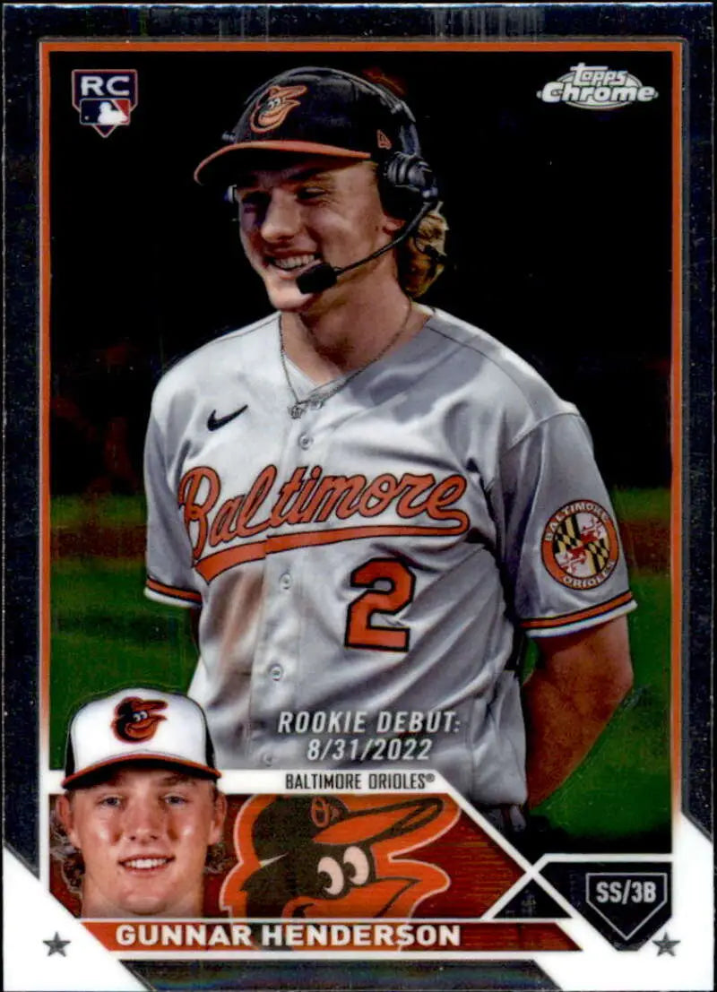 Baltimore Orioles Gunnar Henderson wearing jersey number 2 with headset, Topps Chrome Update