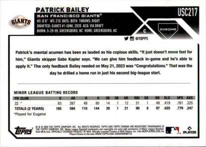 Patrick Bailey San Francisco Giants baseball card with statistics from Topps Chrome Update
