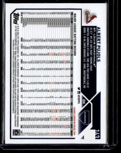 Baseball card featuring statistical data of Albert Pujols from Topps Chrome X-Fractor