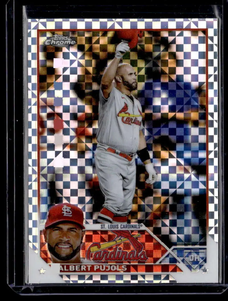Baseball card featuring Albert Pujols in white uniform from Topps Chrome X-Fractor series