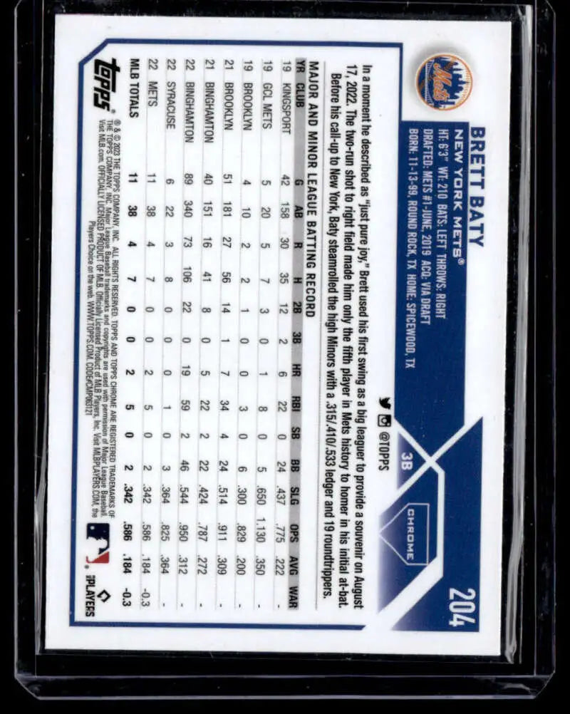 Back of 2023 Topps Chrome X-Fractor Brett Baty Rookie Baseball Card for New York Mets