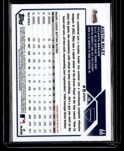 Austin Riley Topps Chrome X-Fractor baseball card with player stats and dark border design