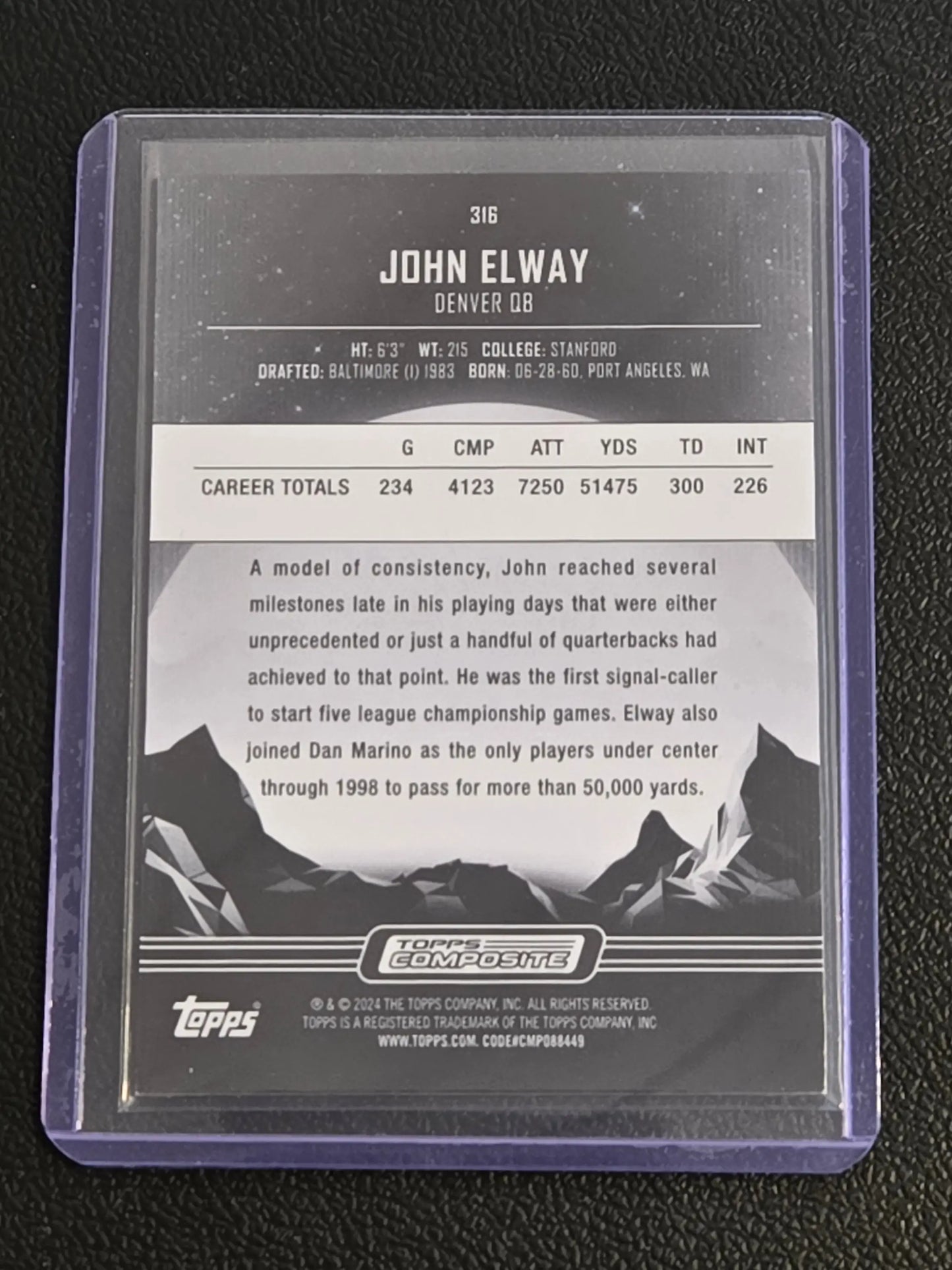 John Elway Topps football card in clear sleeve from 2023 Topps Composite Elway Midnight Twilight