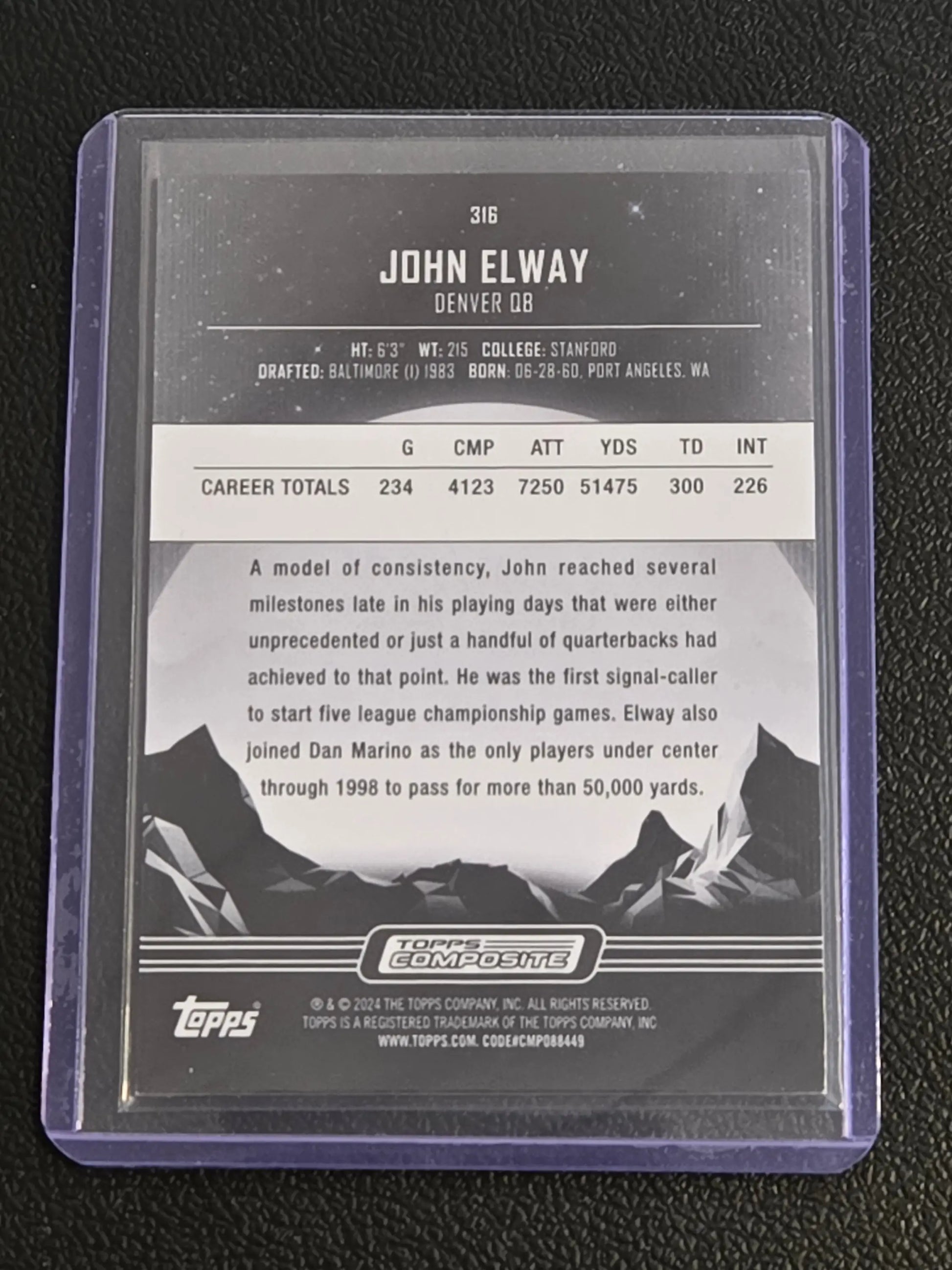 John Elway Topps football card in clear sleeve from 2023 Topps Composite Elway Midnight Twilight