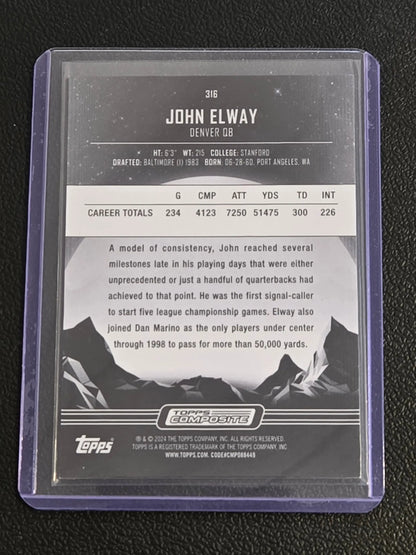 John Elway Topps football card in clear sleeve from 2023 Topps Composite Elway Midnight Twilight