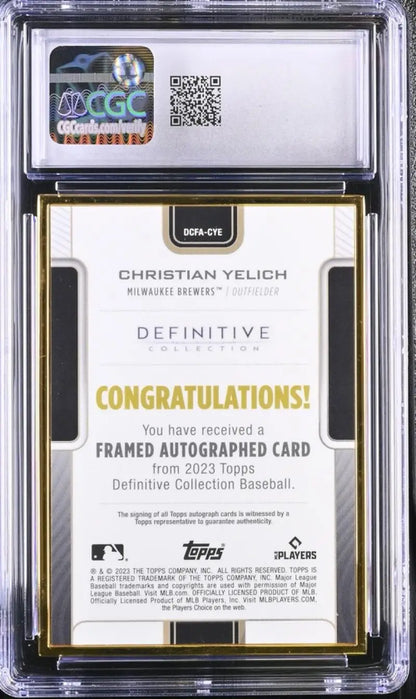 Framed Christian Yelich baseball card with authentication label and QR code