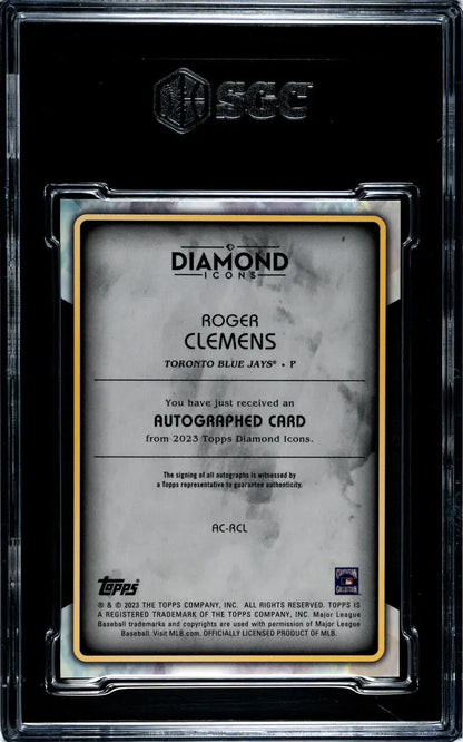 Back of 2023 Topps Diamond Icons Roger Clemens card with authentication in case