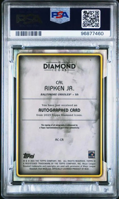 Graded Cal Ripken Jr. autographed baseball card from 2023 Topps Diamond Icons series