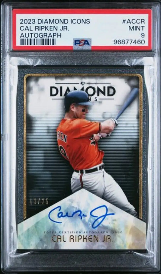 Graded Cal Ripken Jr. autographed baseball card from 2023 Topps Diamond Icons series