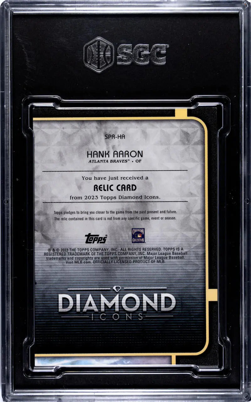 Black SGC card holder with gold trim and DIAMOND text for Hank Aaron Diamond Icons Relic